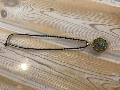 Brass and Turquoise Locket Pendant with Cord Necklace
