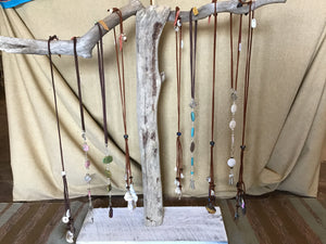 Long Leather Shell and Gem Necklaces