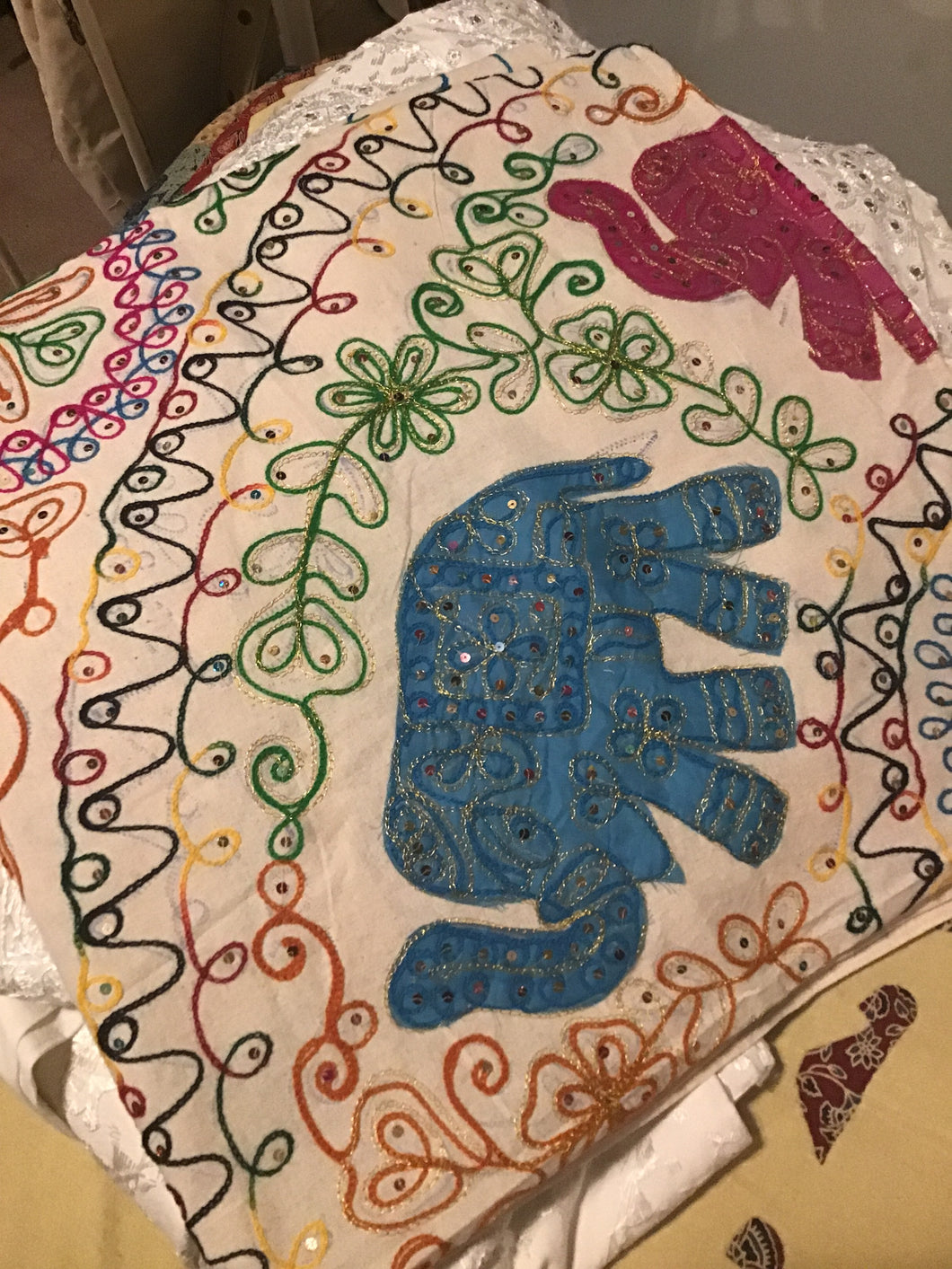 Multicolor Embroidered Bed Cover with Elephants