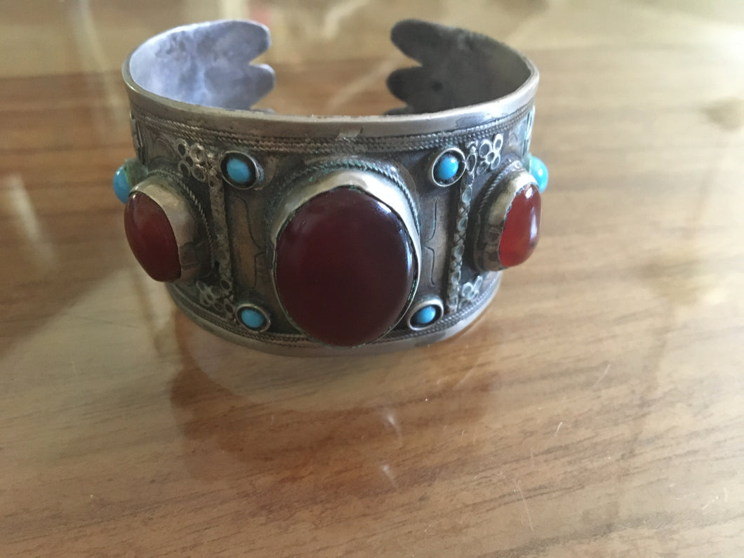 Sterling Carnelian and Turquoise Cuff Bracelet